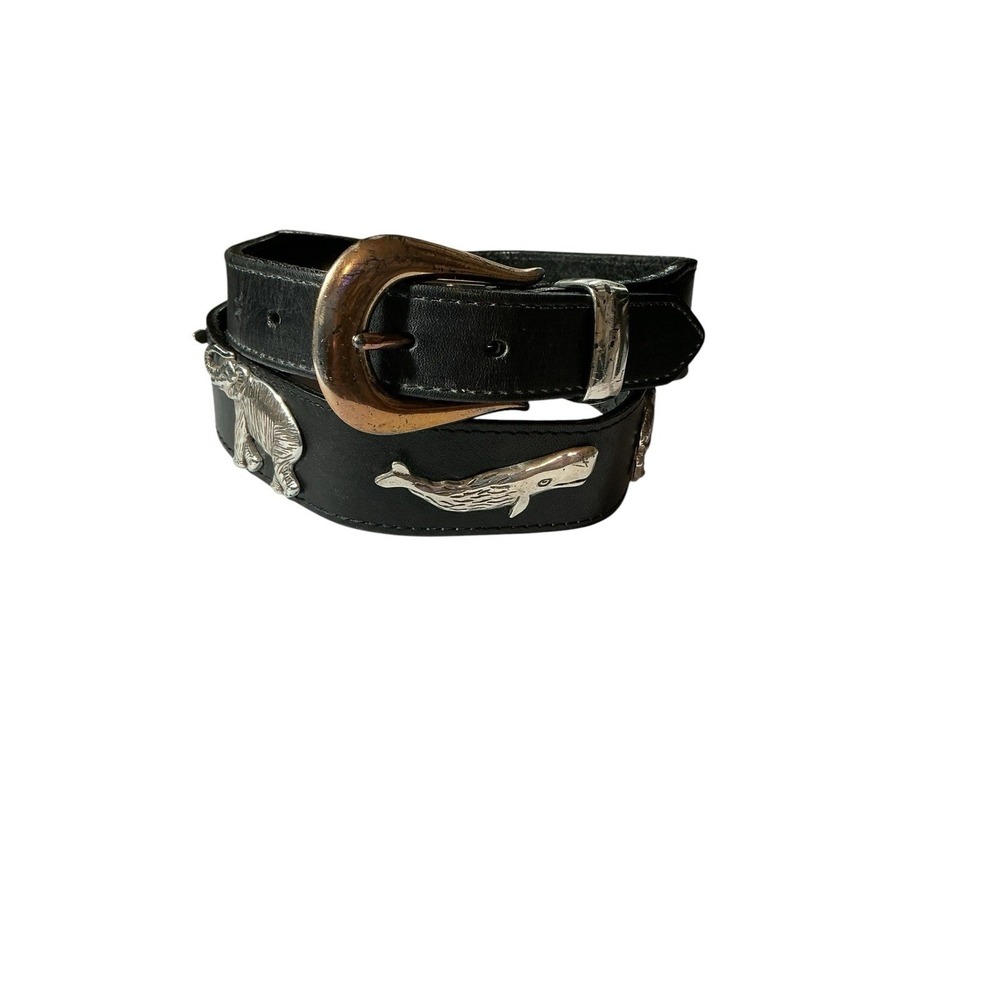 Vintage 90s Brighten Honest Black Leather Animal Safari Concho Belt Size 30